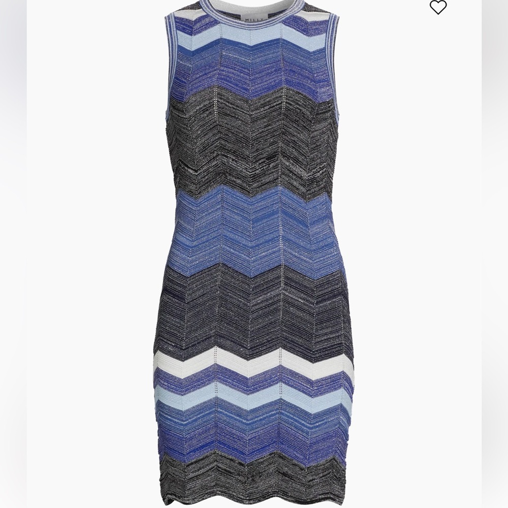 Women’s MILLY Chevron Striped Knit Minidress Blue Sleeveless Metallic Large NWT
